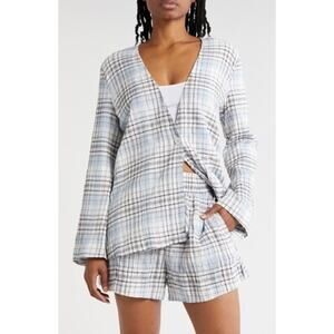 Melrose and Market Plaid Seersucker Oversized Blazer Womens L Blue White Jacket